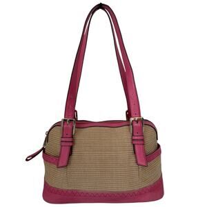 B. Makowsky Straw Exterior & Pink Leather Shoulder Bag Double Strap Tote
